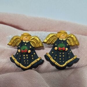 Gold and Black Christamas Angel Eartings  Clip On Earrings
